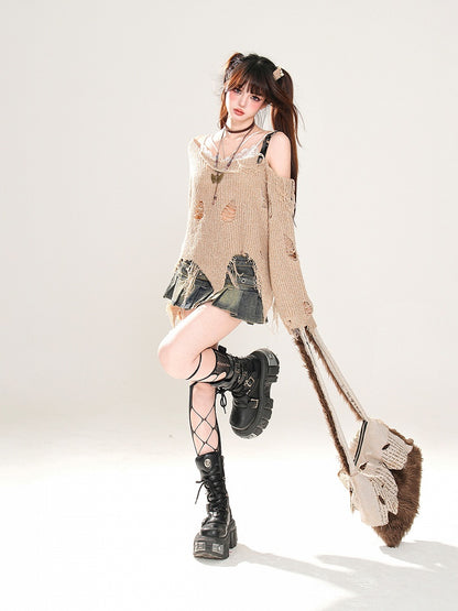 Gestrickter Punk Khaki Asymmetrischer Ausschnitt und Löcher am oberen Saum Wasteland Distressed