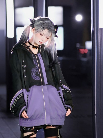 Panel Black with - Futuristic Techwear Detachable Kei Cat-Ear Purple Jirai Jacket Hood Streetwear