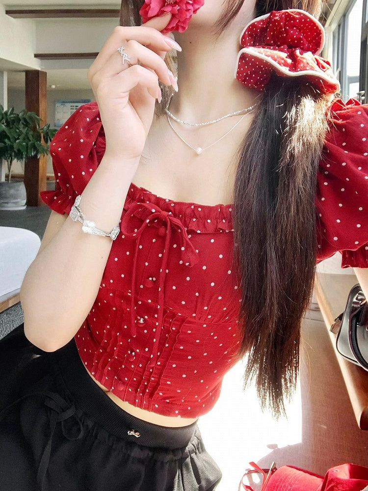 Red Square Neckline Short Sleeve Top with Polka Dot Pattern - Qchiwawameme