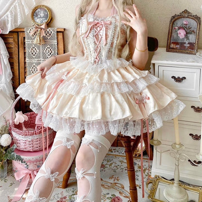 Gestuftes Korsett mit Stäbchen + Top Balletcore-Rock Neckholder Rosa Rüschen