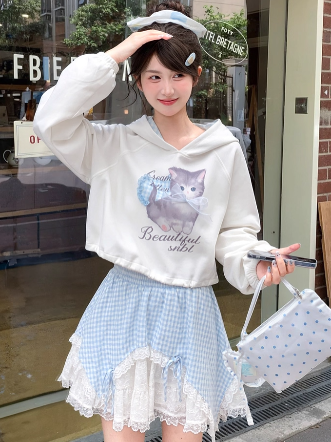 Print Drawstring Hem Blue Hoodie Plaid Adorable Cartoon Kitty Hood White