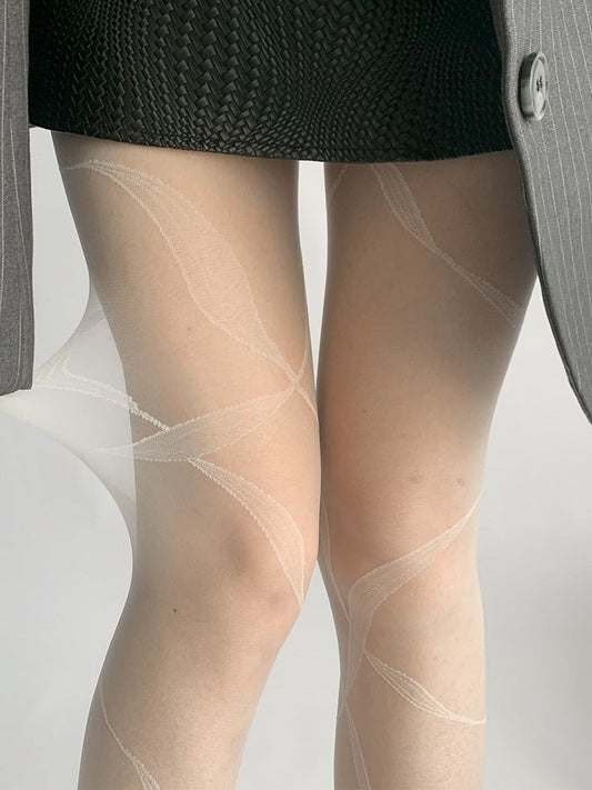 Ribbon Creamy Tights Asymmetric with Print White