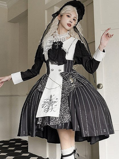Chain+Pocket Chain+Detachable Collar Watch Embroidery+Waist Cross White Set Full Dress Striped with Nun Lolita Belt+Waist Black