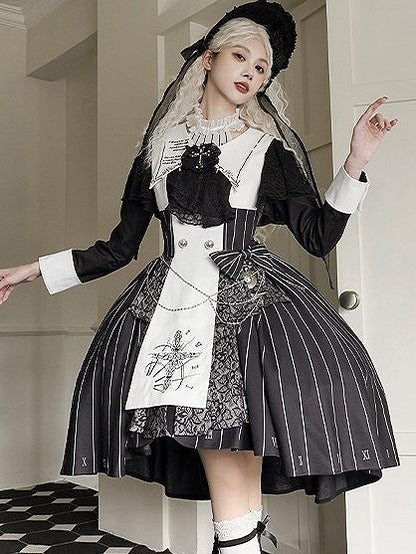 Chain+Pocket Chain+Detachable Collar Watch Embroidery+Waist Cross White Set Full Dress Striped with Nun Lolita Belt+Waist Black