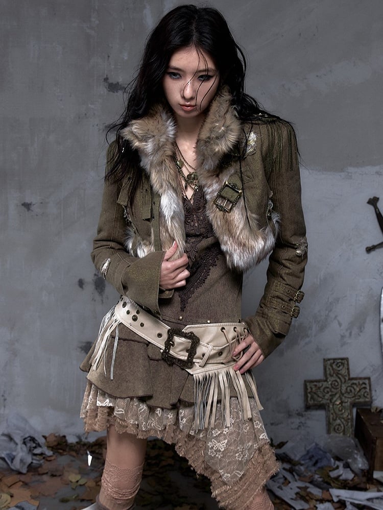 Buckle Punk Denim with Fur Crop Street Green Straps Faux Vintage Collar Jacket
