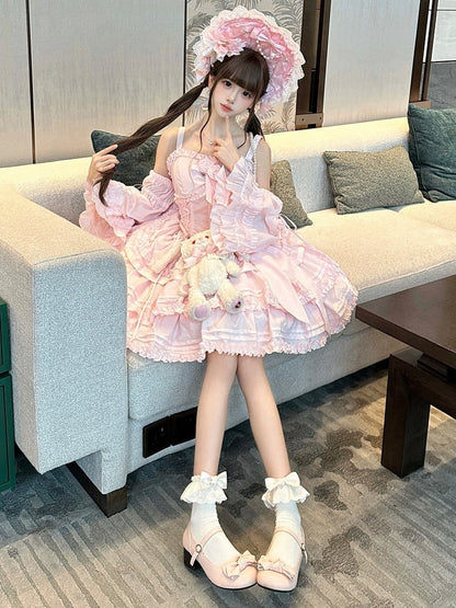with Ruffle Sleeves Accents Flower Boned Drawstring Pink + Dress Set Bolero Lolita Layered JSK Top