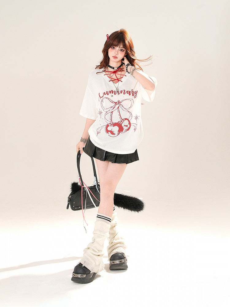 Pink/Black Studded Heart PU Pleated Skirt