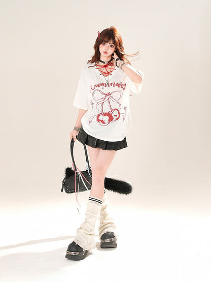 Pink/Black Studded Heart PU Pleated Skirt