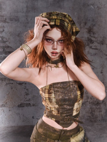 Green Plaid Pattern Butterfly-shaped Rhinestone Buckle Strapless Top