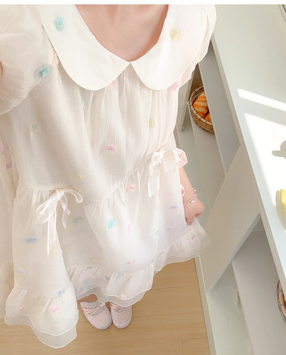 Muster Bunte Polka-dot Weiß Peter Pan Kragen Puffärmel Chiffon Kleid