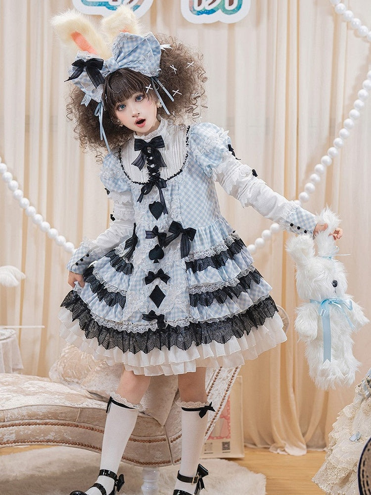 Alice in Wonderland Blue & White Gingham Sweet Lolita Dress with Tiered Ruffles - Hinana Queena