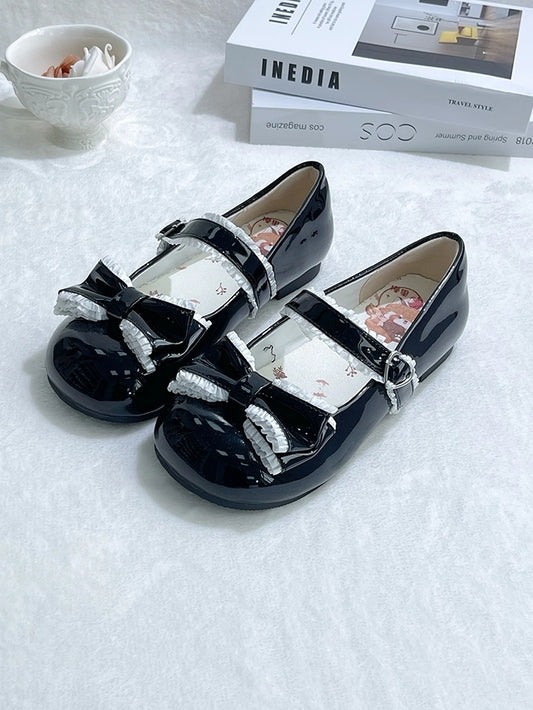 Shoes Toe Low-heel Round Sweet Black Ruffles - Trim