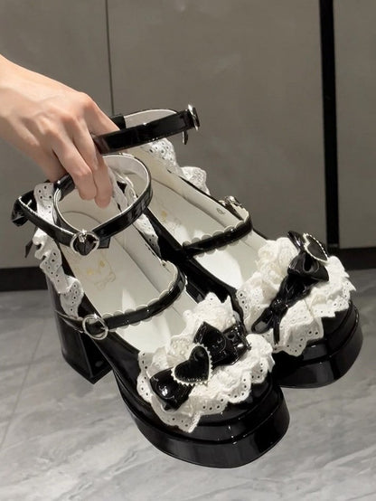High Strap Platform Decor Block Black Bow Scalloped Lolita Heels with Sweet