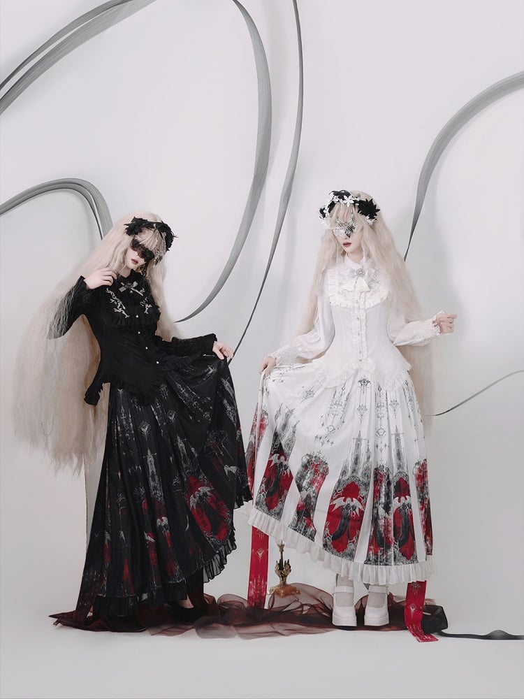 Skirt and White Set Angel Blouse Box Gothic Pleat Printed Ruffled Red