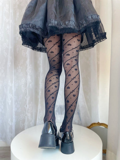 ホワイト/ブラック セミシースルー ハート ロリータ タイツ