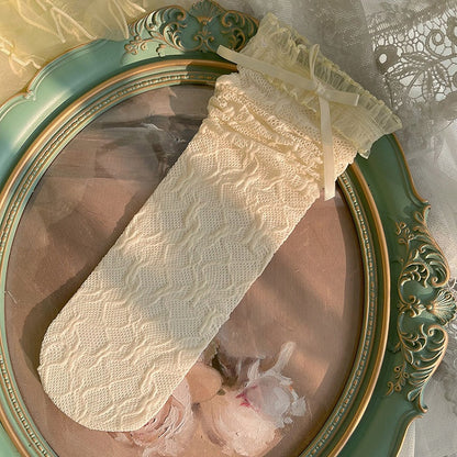 Decoration Yellow/Black Lace 3D Bow and Ruffled Trim White/Light Calf Socks with