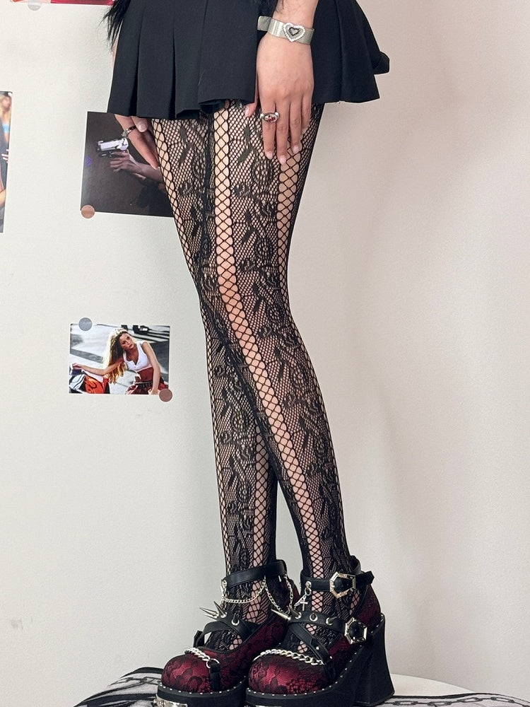 Strumpfhose Cut-out Rosette Schwarz/Weiß/Braun/Lila Y2K Design Muster