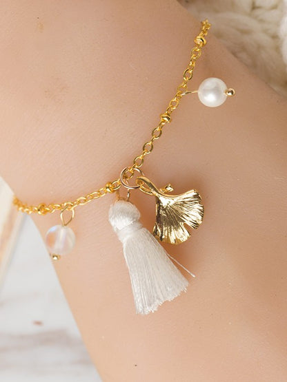 Options Elegant 6 Charrms Bracelet Pearl Golden Leaf and Ginkgo