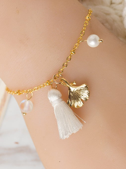 Options Elegant 6 Charrms Bracelet Pearl Golden Leaf and Ginkgo