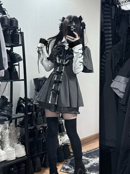 Detachable Dress + Sleeves Gray Tie Set Short-Sleeve Shorts Kei Matching Dark Jirai Full Bow