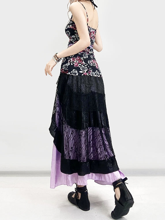 + 花柄トップ、ホルターネック、アンダースカート、キャミスカート、レースセット、ドレス、ホリデーネック、ブラック、パープル、ビタースイート
