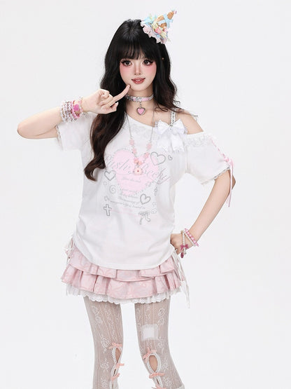 White Sweet Edgy Heart Print Asymmetrical Shoulder Short Sleeve T-Shirt with Lace & Drawstring + Bow Clip Set - CRAZY GIRL