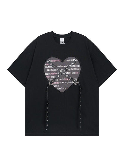 Red With Punk Buckle Metal Straps Print Top Black Heart And
