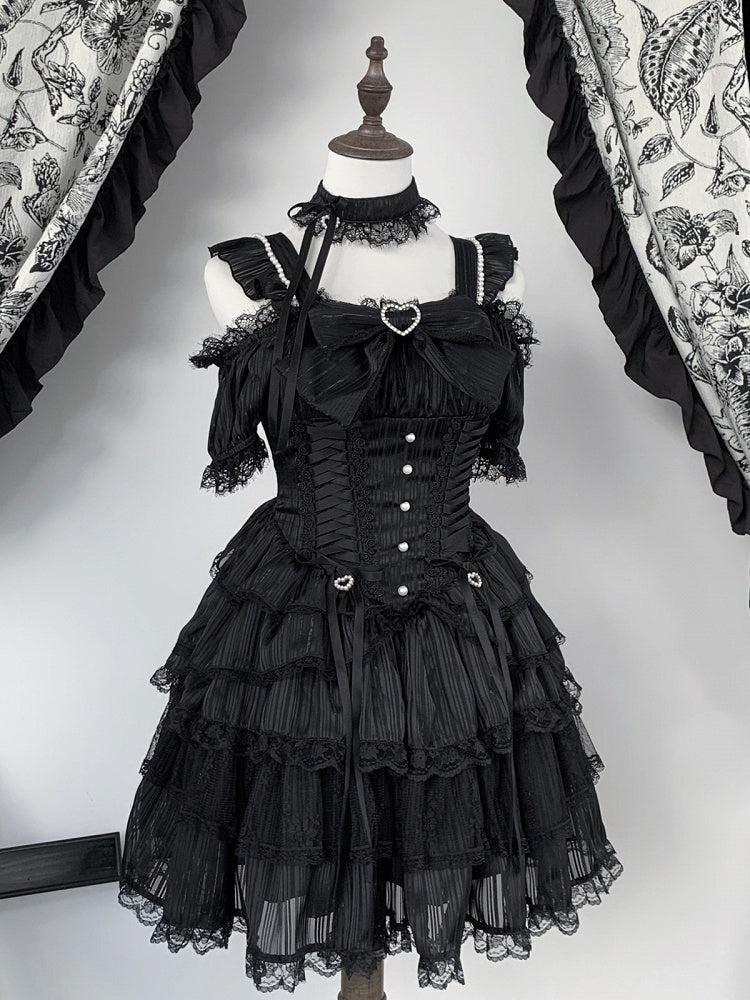 Black Off-Shoulder Lace Dress with Choker - Virtual Paradise