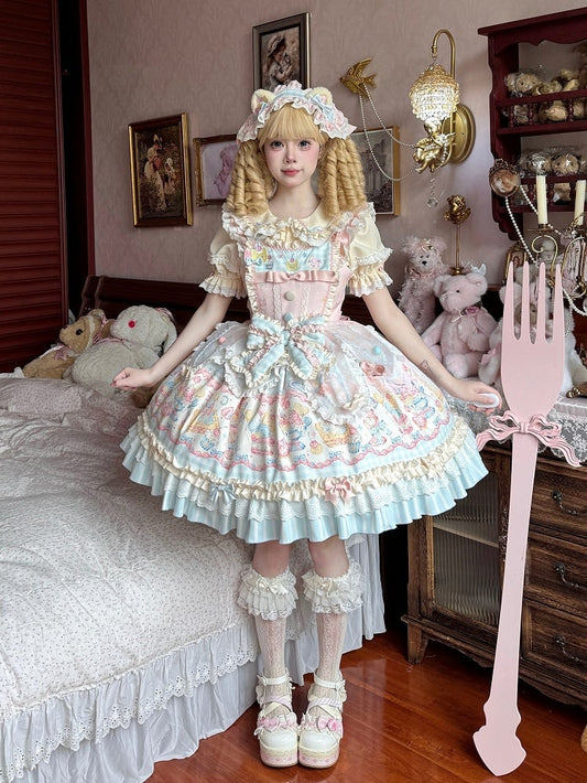 JSK Sweet Hairclips Short-Sleeve Macaron Dress Bow + Color with and Blouse Set Print Ruffle Details Lolita Back Hairband Full Cake