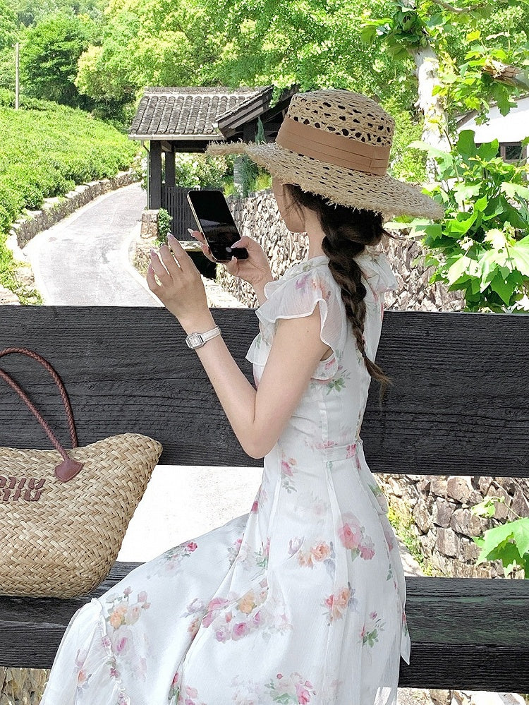 Apricot Summer Vacation Dress with Floral Pattern - Qchiwawameme