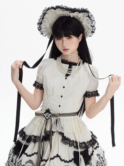Lolita with Black Sleeves White Trims Elegant Lace Puff Blouse