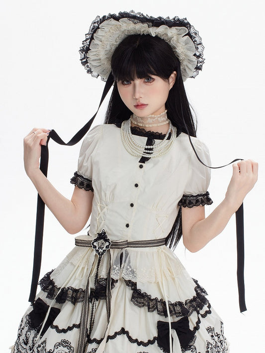 Lolita with Black Sleeves White Trims Elegant Lace Puff Blouse