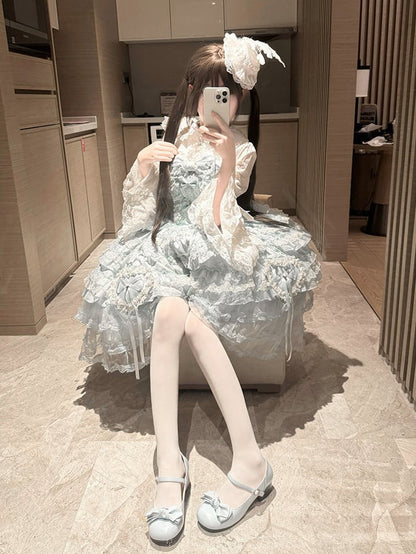 JSK with Dress Accents Multi-Layered Lace Blue Lolita Bow Princess Ruffle Sweet
