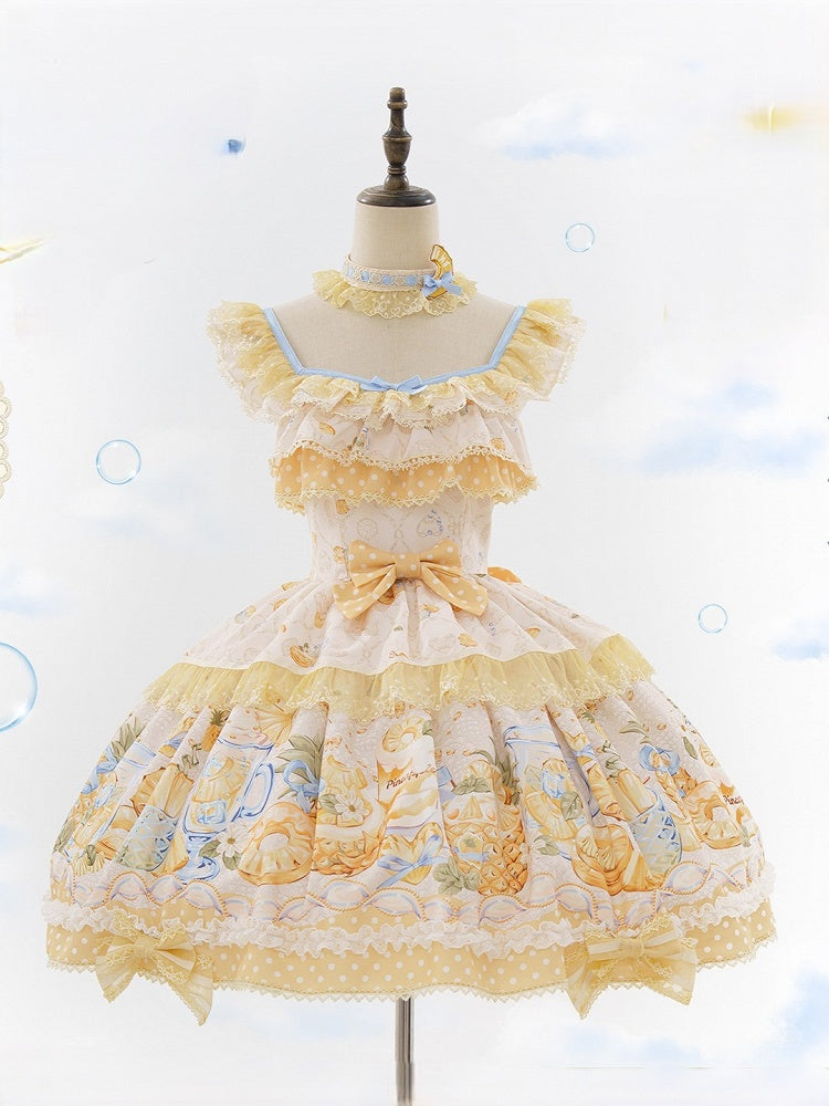 Yellow & Blue Polka Dot Fruit Print Lolita JSK Dress with Lace Details - Badoni B DOLLY Original Design