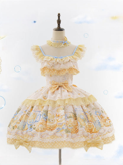 Yellow & Blue Polka Dot Fruit Print Lolita JSK Dress with Lace Details - Badoni B DOLLY Original Design