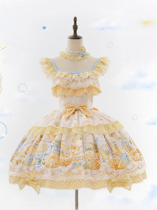 Yellow & Blue Polka Dot Fruit Print Lolita JSK Dress with Lace Details - Badoni B DOLLY Original Design