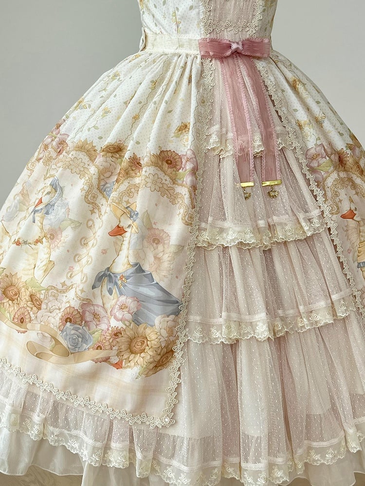 Sweet Light Print Jumper Beige Skirt Farm Sunflowers and Lolita Ducks