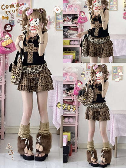 Y2K Stufenrock mit Leopardenmuster