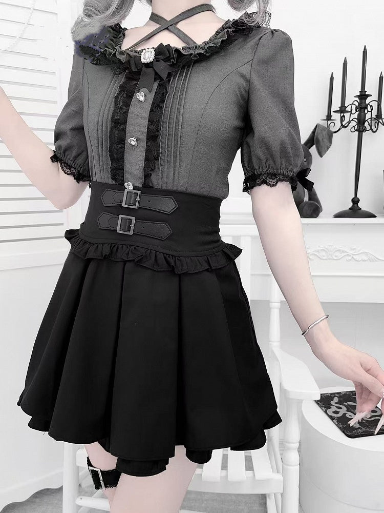 Neckline Heart-Shaped Kei with Rhinestones Pleating Gray Details Jirai Style Blouse Square and
