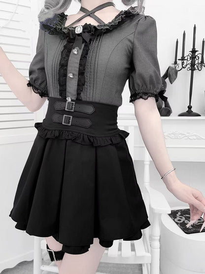 Neckline Heart-Shaped Kei with Rhinestones Pleating Gray Details Jirai Style Blouse Square and