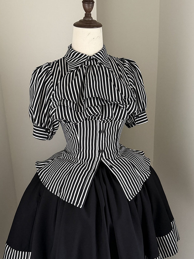 Black Striped Short Sleeve Gothic Lolita Blouse with Jabot - Flower Fairy Daily