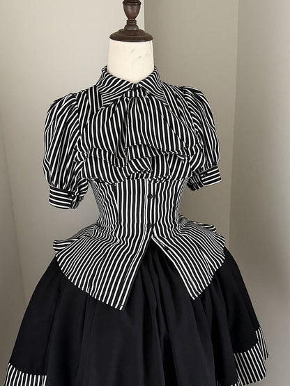 Black Striped Short Sleeve Gothic Lolita Blouse with Jabot - Flower Fairy Daily