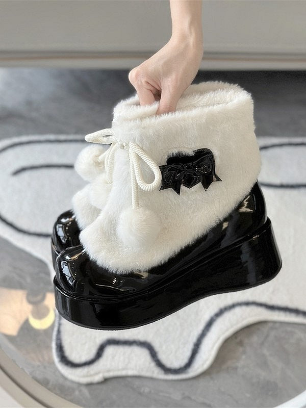 with Bow Pom-Pom Accents Ankle Black Sweet Lolita Boots Round-Toe and