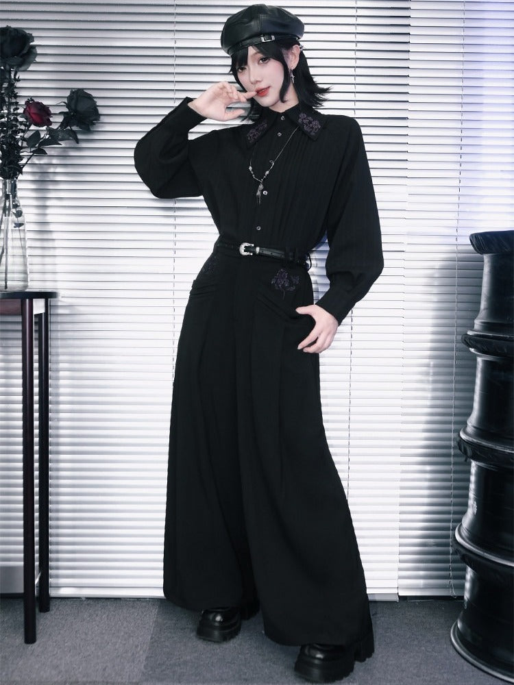 Gothic Straight Leg Trousers Featuring Purple Iris Embroidery in Black - Quirky Hut