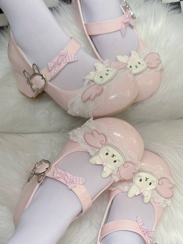 Mary Winged Low-heel/Mid-heel with Lace Patch - Bunny Lolita Buckle Rabbit Trim Pink Janes Sweet