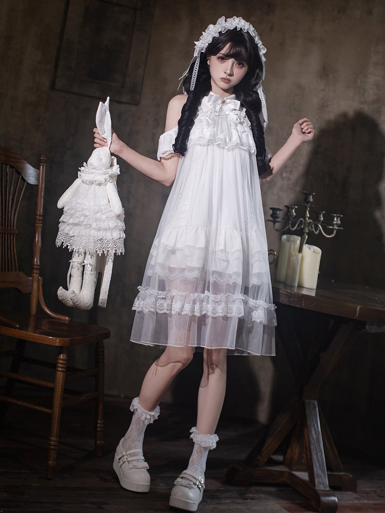 White Landmine Style Cutout Shoulder Dress with Sheer Overlay, Lace and Bow Tie - Ekomi