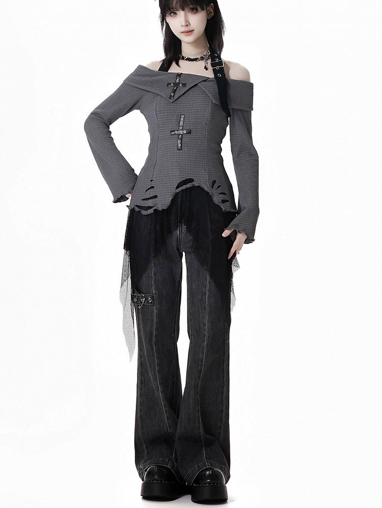 Detail Faded Wash Distressed Graue Schlagjeans mit Herzschnalle