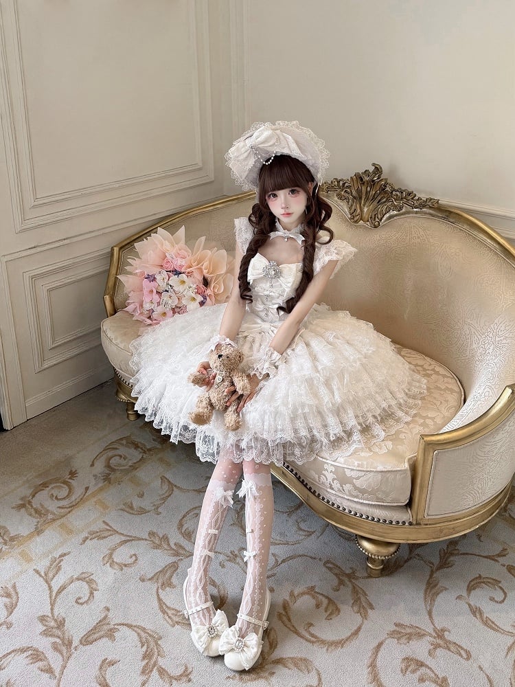 Dress Hime-Style Layered White Rhinestone Elegant with JSK Lace Bow Details Skirt Lolita