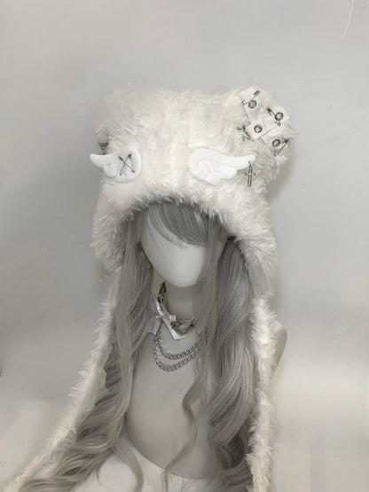 Black/White Cross Wing Pin Cat Ear Plush Hat