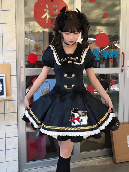 with Lace Plaid Trim Sweet Lolita Green and Black Dress Puppy Patch